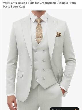 Men's Ivory Three-Piece Suit with Vest and Peak Lapel